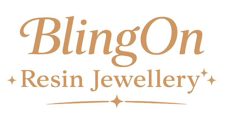 BlingOn Resin Jewellery logo with orange text on a glitchy gradient background used for branding.