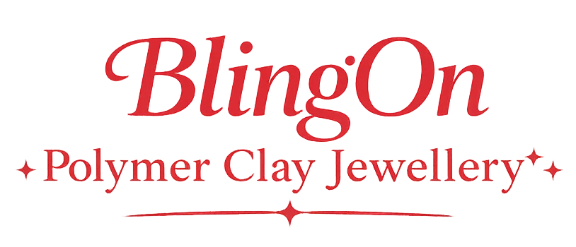 BlingOn Polymer Clay Jewellery logo in red script with decorative underline and star accents.