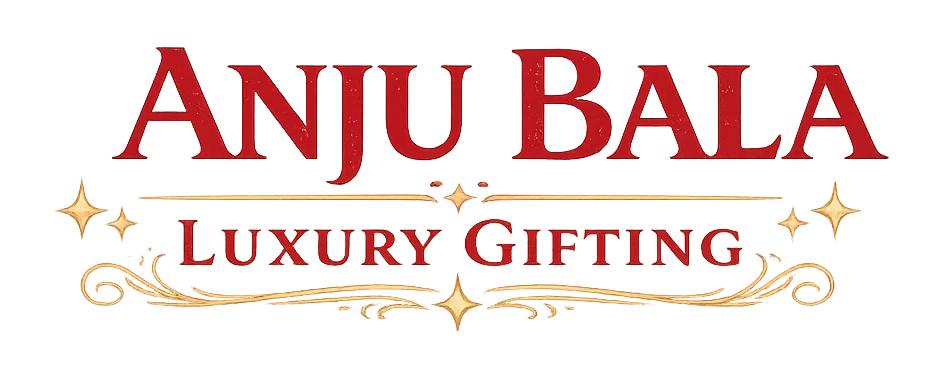 Brand logo reading ANJU BALA LUXURY GIFTING in red with gold decorative flourish and stars.