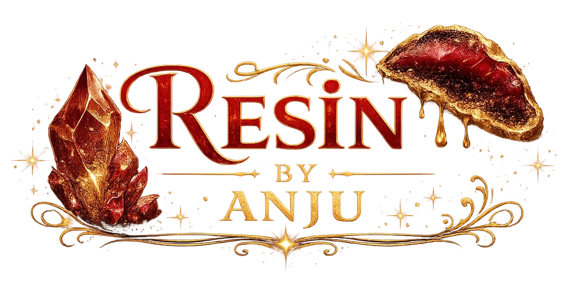 Gold-toned banner reading 'Resin by Anju' with resin crystals on the left and a resin piece on the right, plus ornate swirls.