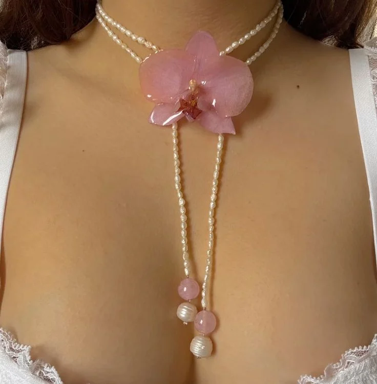 Real Orchid Necklace Handmade Flower Jewelry with Pearls